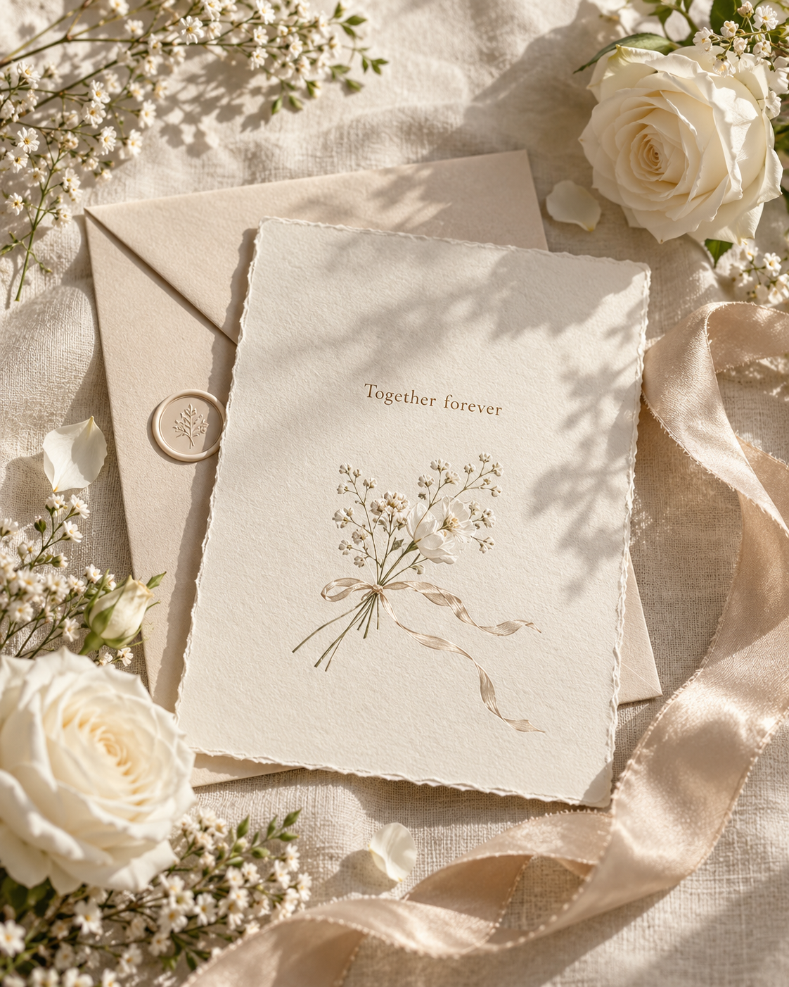 Cream wedding invitations with champagne silk ribbon and fresh white roses